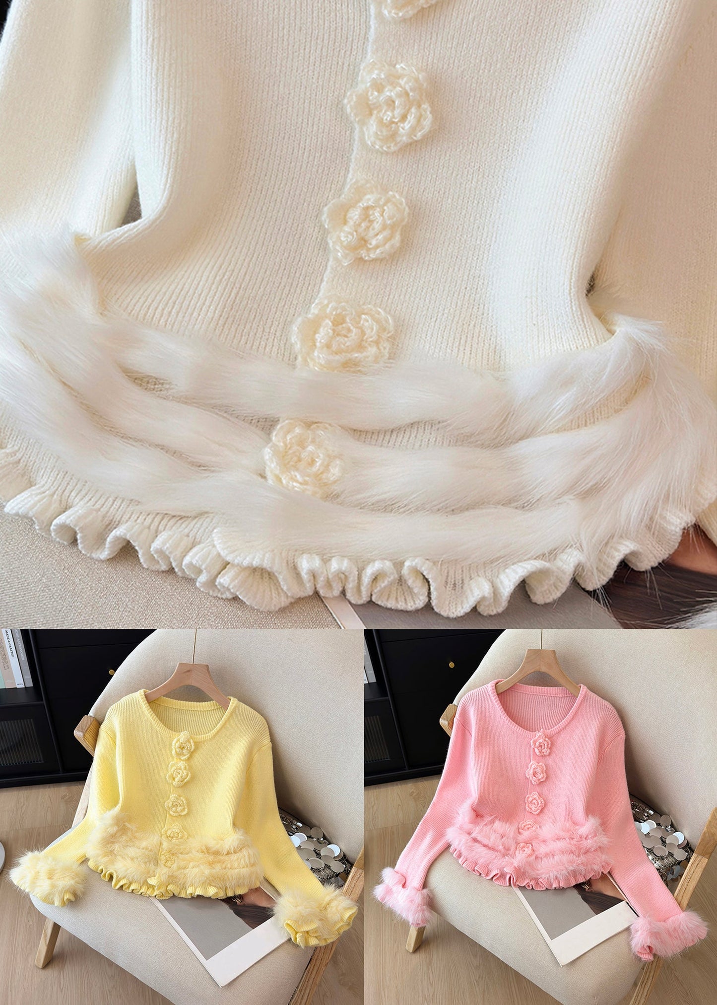 Pink Fluffy Floral Patchwork Knit Winter Sweater O Neck
