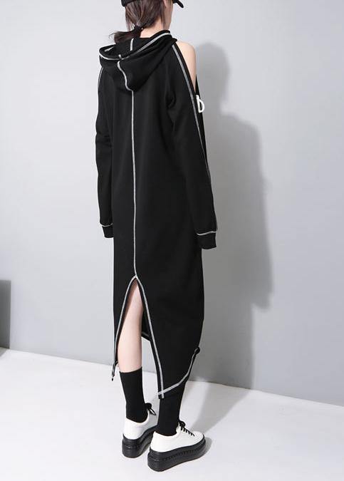 Chic Black Cold Shoulder hooded Long Summer Cotton Dress