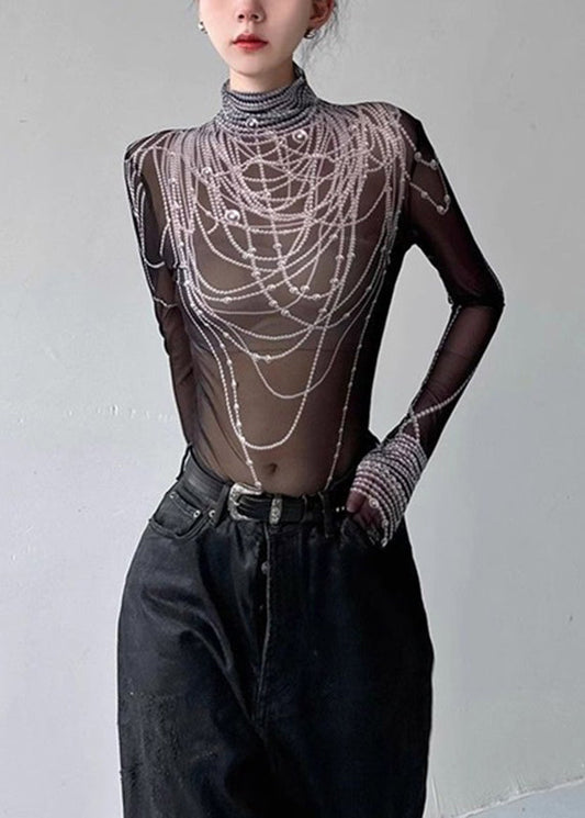 Boutique Black Turtleneck Pearl Print Tulle Top Spring