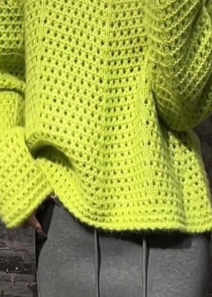 Vogue Green O-Neck Hollow Out Cotton Knit Sweater Fall