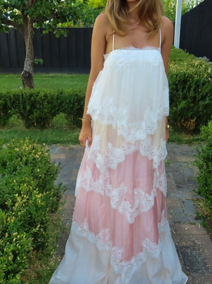 Pink & White Ombre Lace Layered Spaghetti Strap Cake Maxi Dress