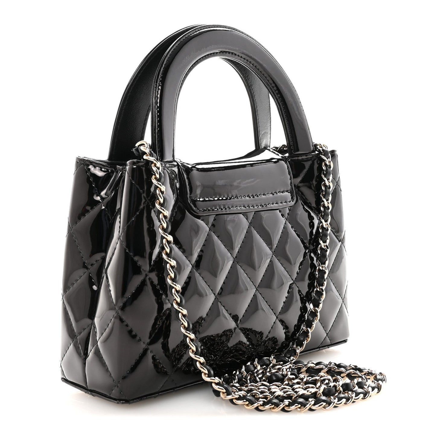 Patent Calfskin Quilted Nano Kelly Shopper Black