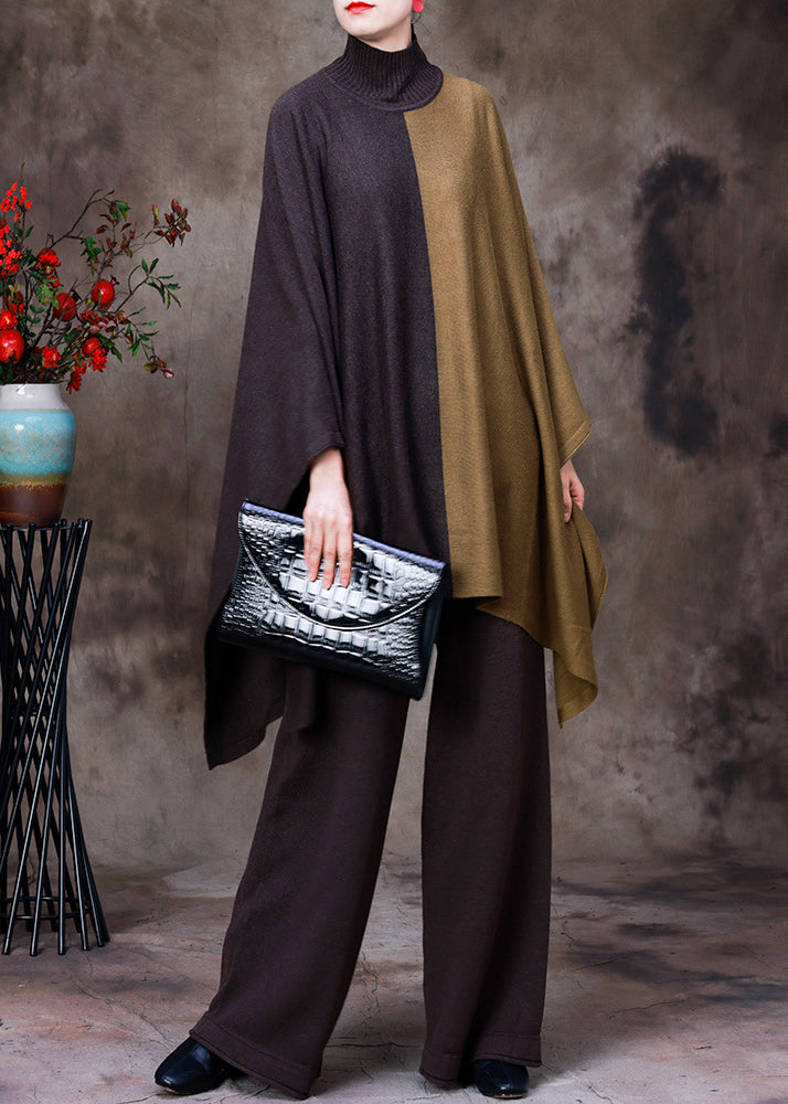 DIY Coffee Turtleneck Asymmetrical Patchwork Knit Sweaters And Wide Leg Pants Two Pieces Set Fall