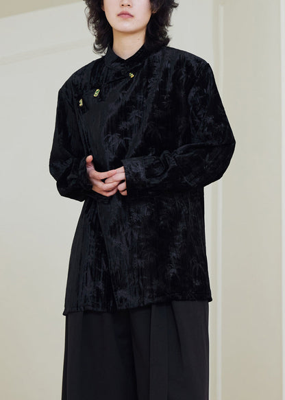Vintage Black Stand Collar Button Silk Velour Shirts Fall