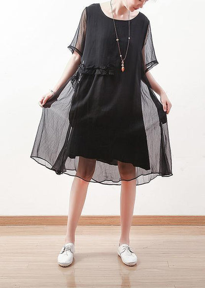 Italian black chiffon dresses Casual o neck Cinched long summer Dress