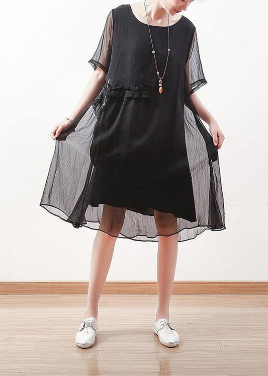 Italian black chiffon dresses Casual o neck Cinched long summer Dress
