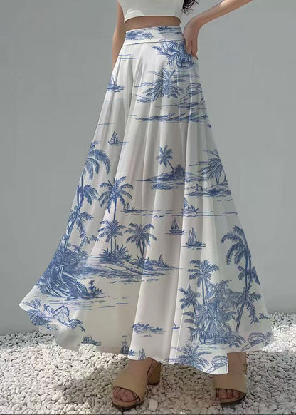 Ethnic Style White Print Exra Large Hem Chiffon Skirt Summer