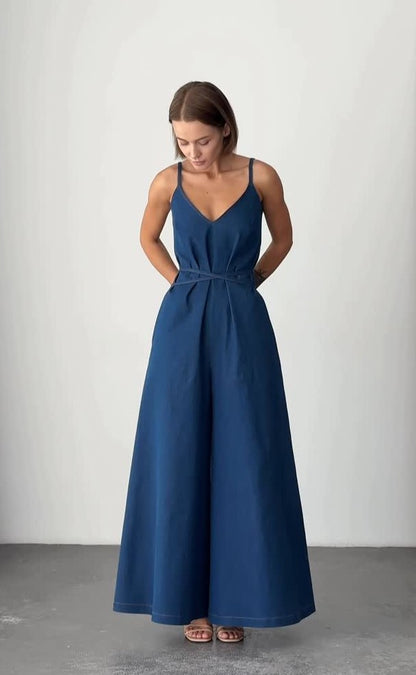 Minimalist Style Deep Blue V-Neck Spaghetti Strap Waist-Cinched Wide-Leg Jumpsuit