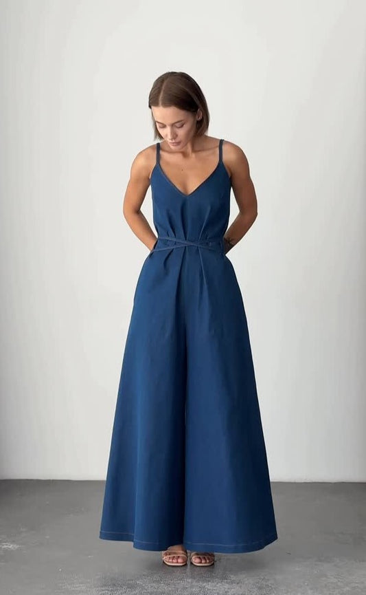 Minimalist Style Deep Blue V-Neck Spaghetti Strap Waist-Cinched Wide-Leg Jumpsuit