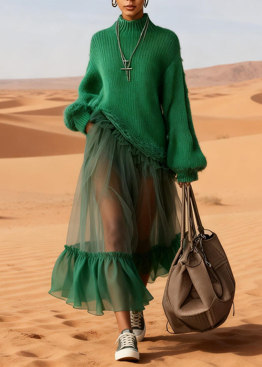 Handmade Green Tulle Maxi Dresses Ruffled Knitted Cotton Patchwork Lanter Sleeve