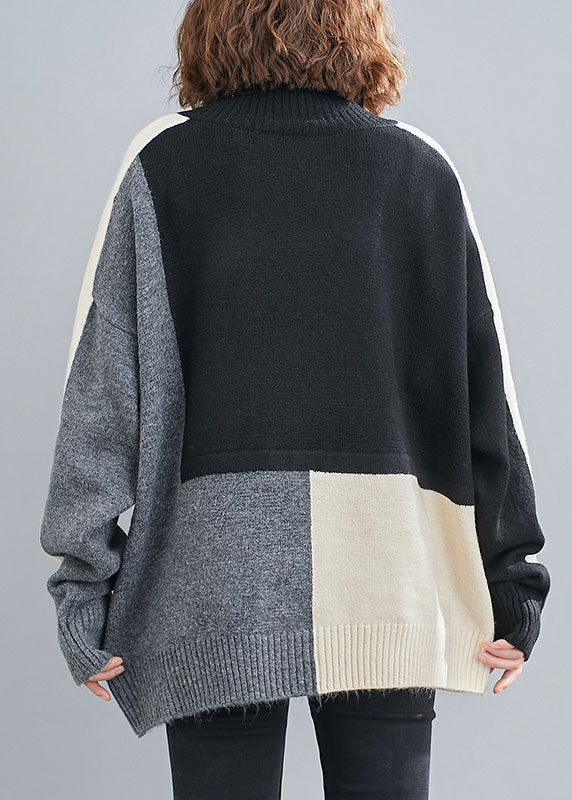 Stylish Black Turtle Neck Patchwork Knit Knit Pullover