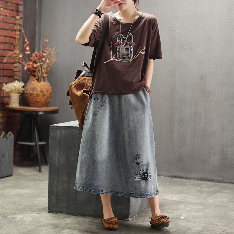 Embroidered Denim Retro Art Ladies Long Skirt