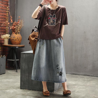 Embroidered Denim Retro Art Ladies Long Skirt
