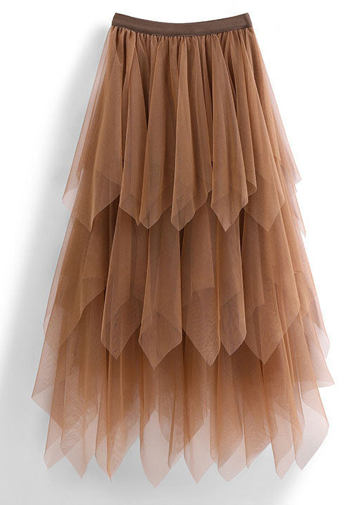 Casual Coffee Asymmetric Design Elastic Waist Tulle Skirts Spring