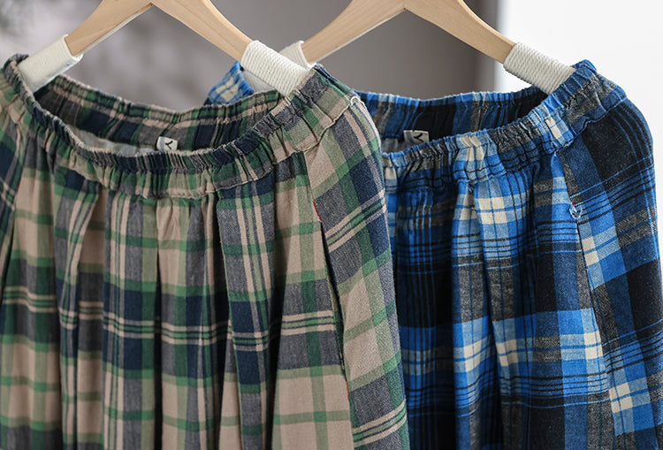 Vintage Cotton and Linen Check Elastic High Waist Plus Size A-Line Skirt