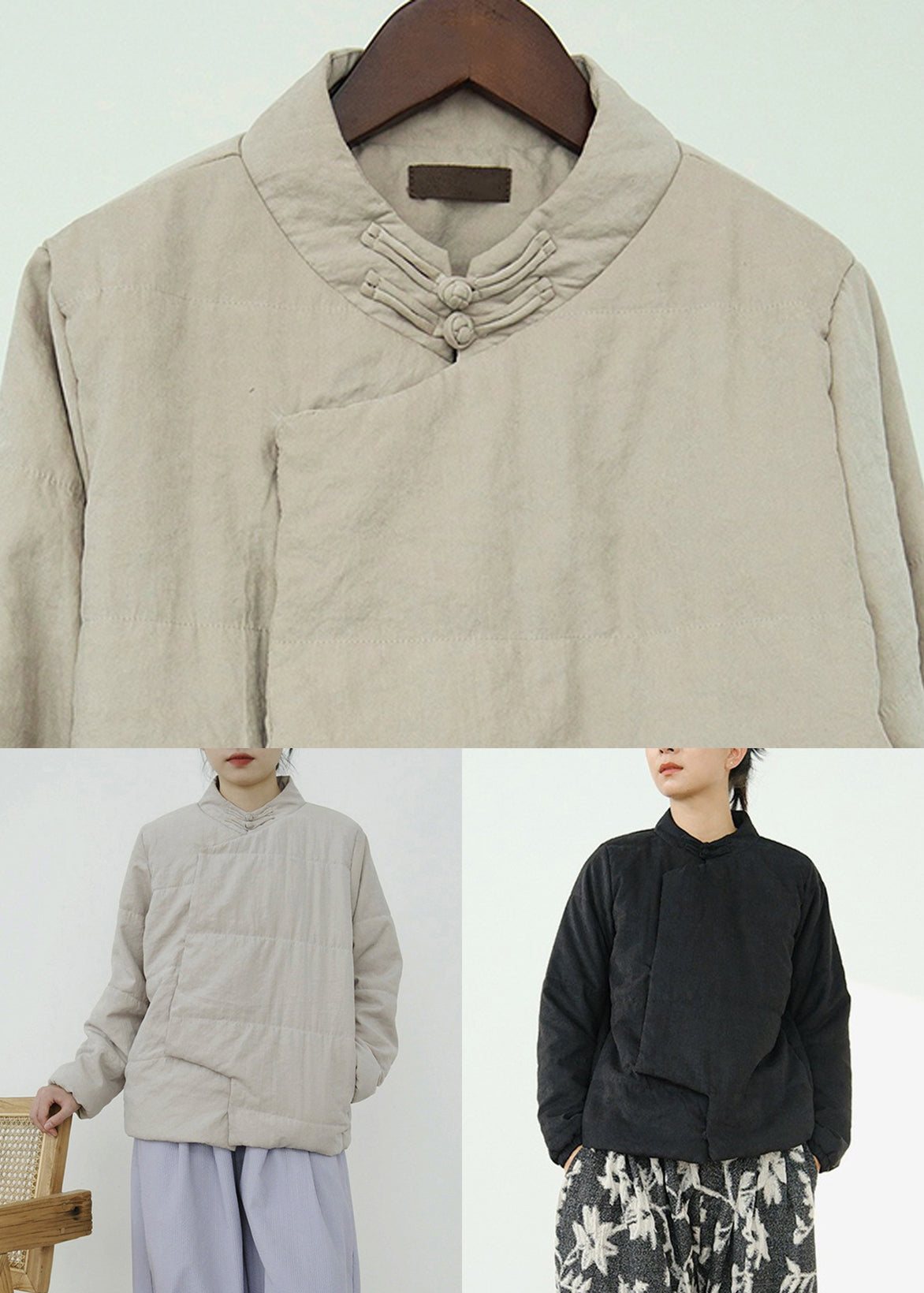 Black Button Pockets Solid Fine Cotton Coats Stand Collar