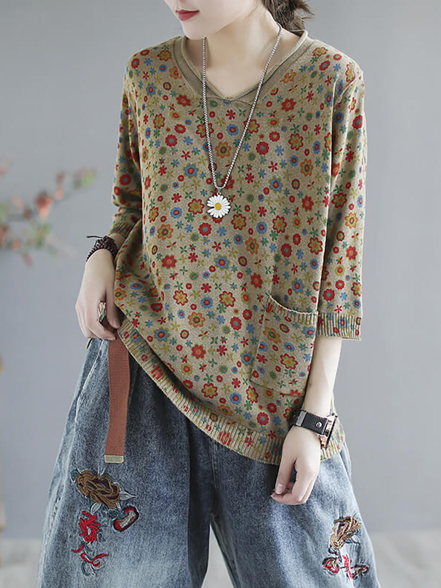 Plus Size - Floral  Knitted Casual Print Pocket Sweater