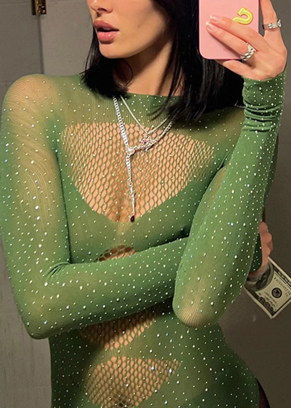 Art Blue Hollow Out Zircon Sheer Knit Bodysuit