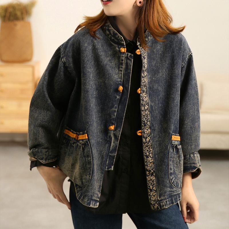 Winter Spring Retro Floral Cotton Denim Coat