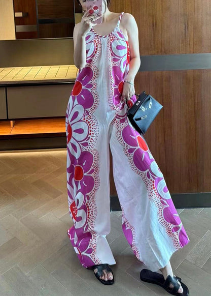 Unique Purple Print Spaghetti Strap Jumpsuits Sleeveless