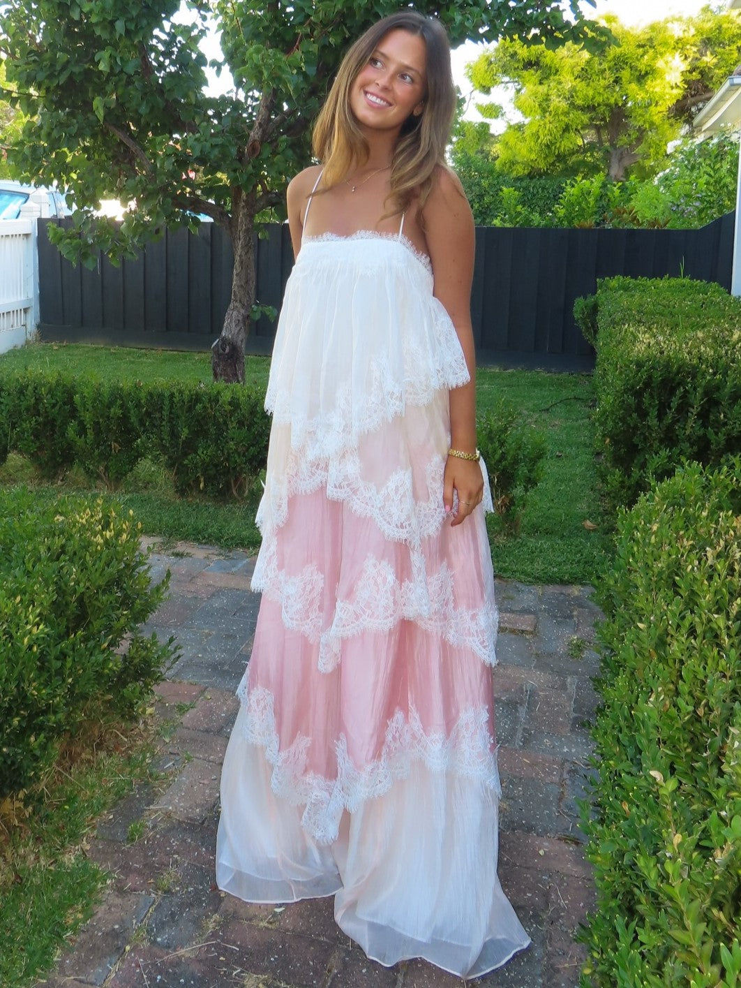 Pink & White Ombre Lace Layered Spaghetti Strap Cake Maxi Dress
