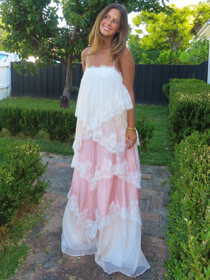 Pink & White Ombre Lace Layered Spaghetti Strap Cake Maxi Dress