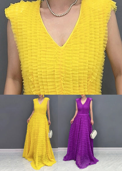 Yellow Wrinkled Solid Vacation Maxi Cake Dresses Summer