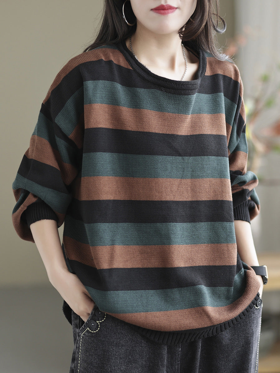 Women Striped Commuter Loose Vintage Sweater