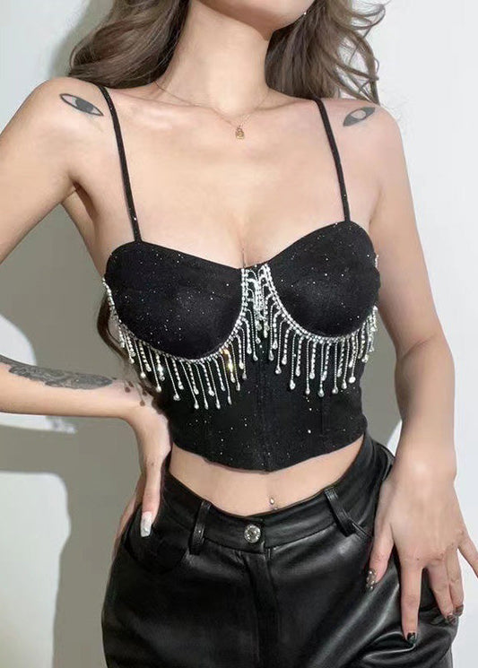 Luxury Khaki Straight Neck Rhinestone Tassel Short Strap