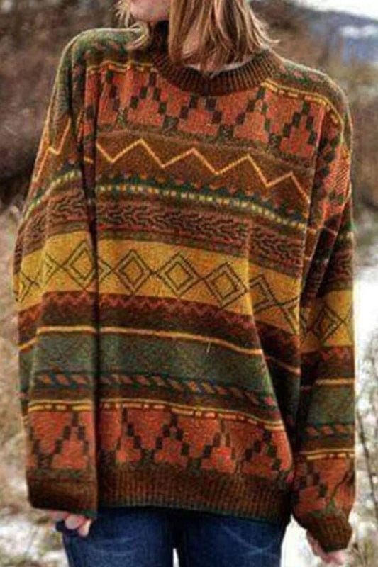 Vintage Round Neck Jacquard Sweater