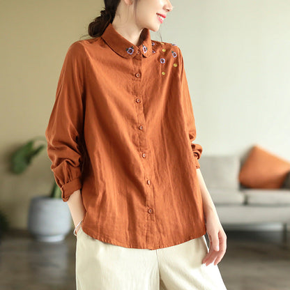 Art Vintage Double Layer Cotton Long Sleeve Floral Embroidery Shirt