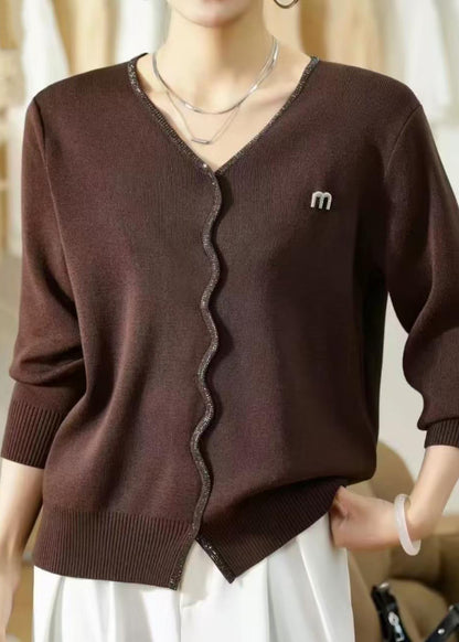 Warm Red V Neck Solid Knit Sweaters Fall