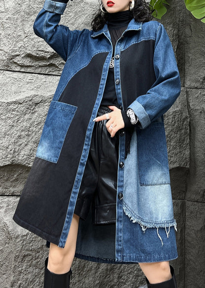 Vintage Blue Peter Pan Collar Button Pockets Denim Long Trench Coats Fall