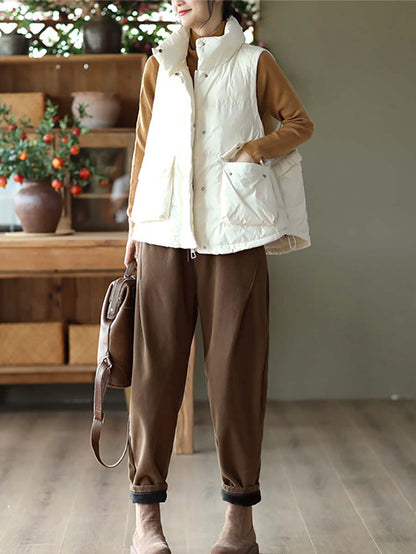Women Casual Agaric Lace Button Pocket Down Vest