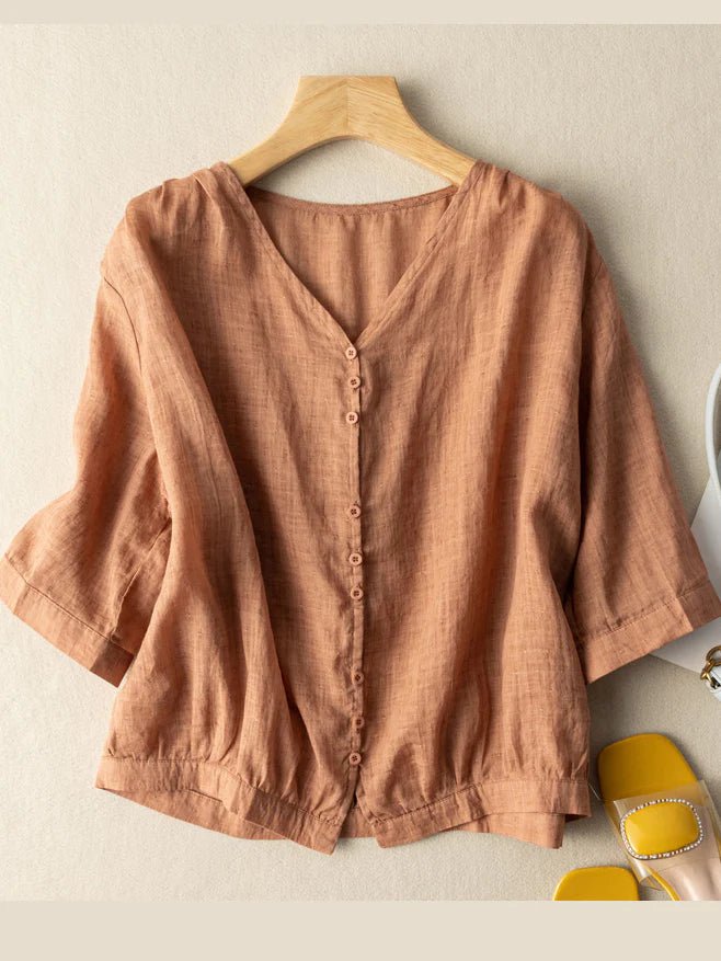 Pure Color V Neck 3/4 Sleeve Casual Linen Shirt Top