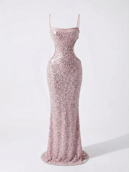 Blush Pink Beaded Cutout Maxi Gown