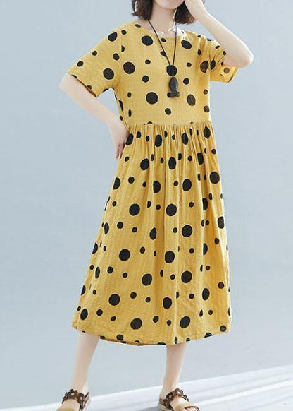 DIY dotted short sleeve linen tunic dress Shirts yellow o neck Dresses summer