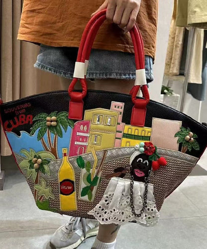 Novelty Embroidered Patchwork Faux Leather Tote Bag
