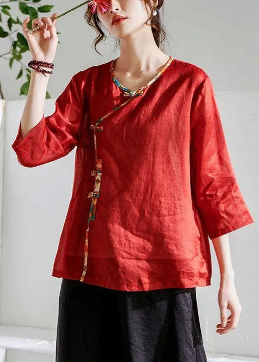 Red Oriental O-Neck Summer Ramie Shirts