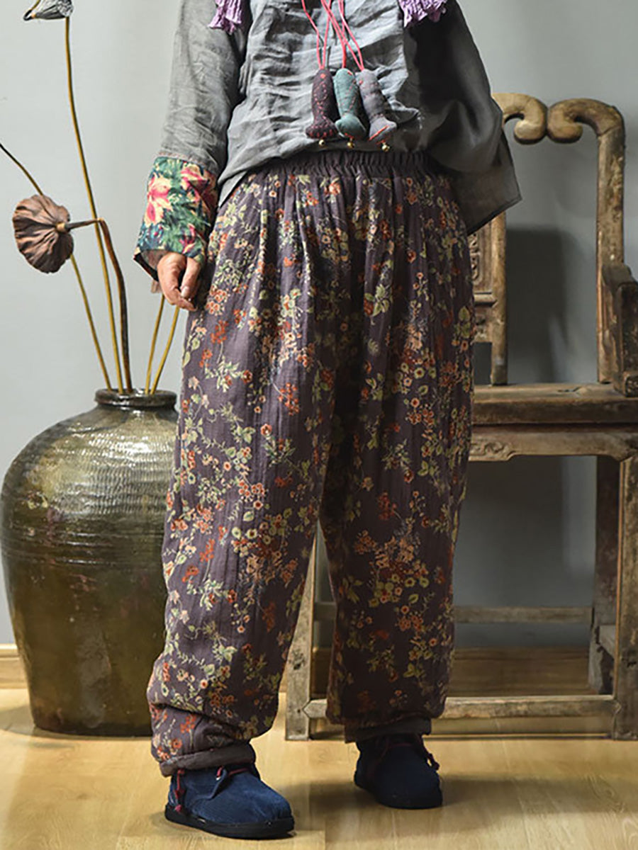 Winter Retro Warm Floral Print Cotton Pants