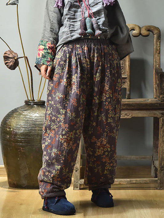 Winter Retro Warm Floral Print Cotton Pants