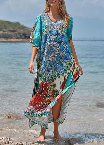 Elegant Blue Print Cotton V Neck Beach Gown Ankle Dress