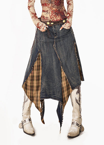 Vintage Blue Plaid Patchwork Denim Maxi Skirts