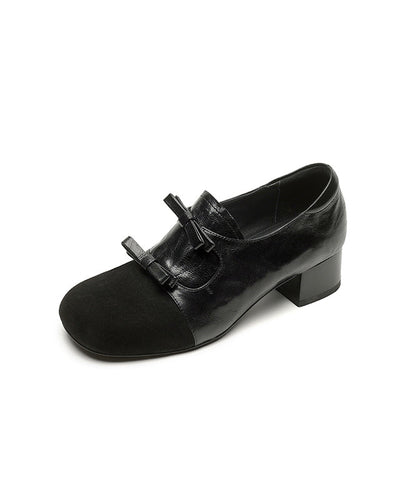Black Sheepskin Chunky High Heels Splicing Suede Bow