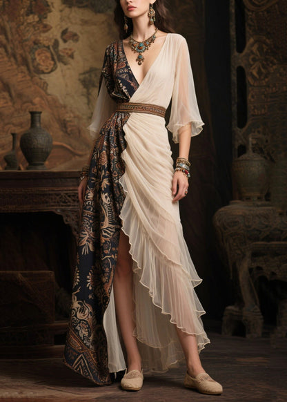 Women Colorblock Asymmetrical Patchwork Chiffon Robe Dresses Summer