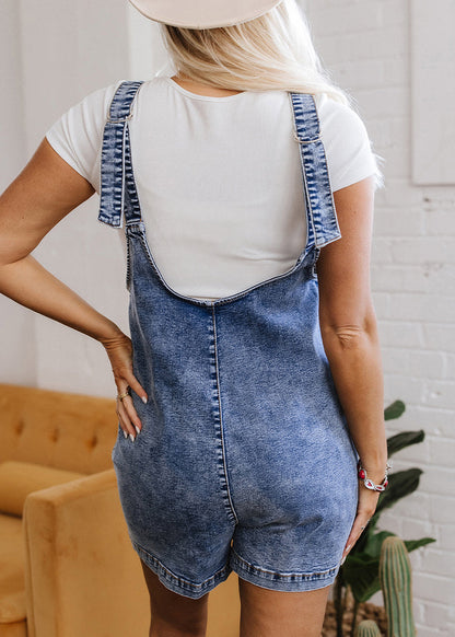 Women Blue Patchwork Pockets Denim Jumpsuits Sleeveless