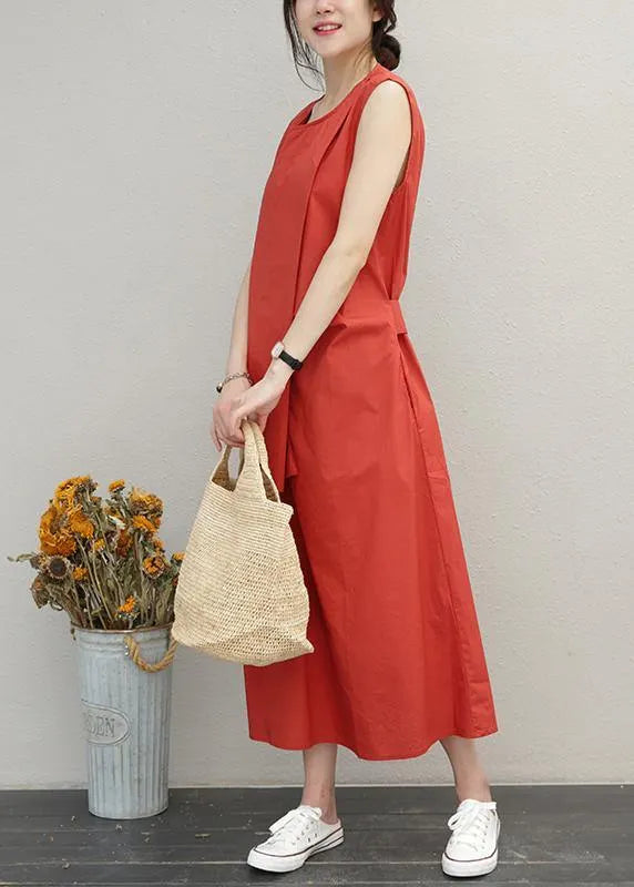 Loose red cotton Long Shirts o neck asymmetric Maxi summer Dress