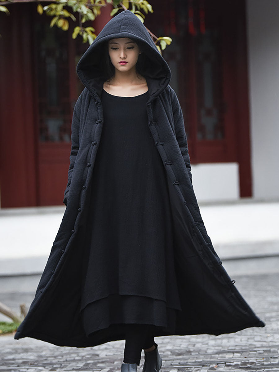 Women Winter Vintage Solid Frog Pocket Hooded Long Coat