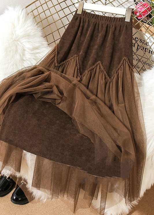 Boho Coffee High Waist Patchwork Corduroy Wrinkled Tulle Skirt Spring