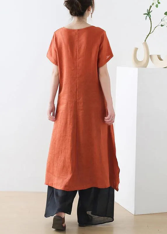 Fashion Orange phoenix Embroideried Linen side open Summer Long Dress